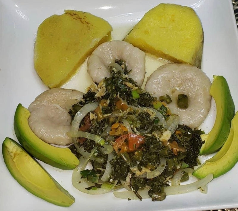 Saltfish & Callalo with Dumplings & Yellow Yams