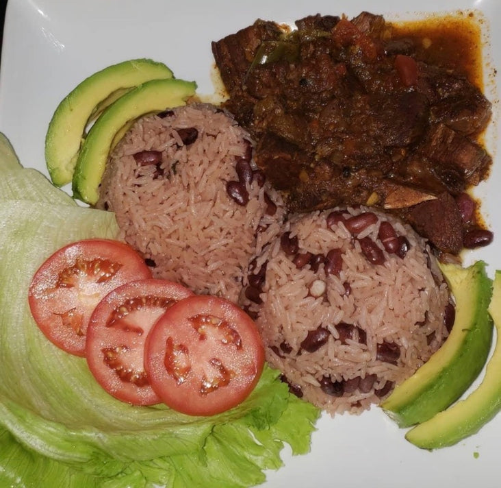 Brown Stew Chicken with Rice & Peas